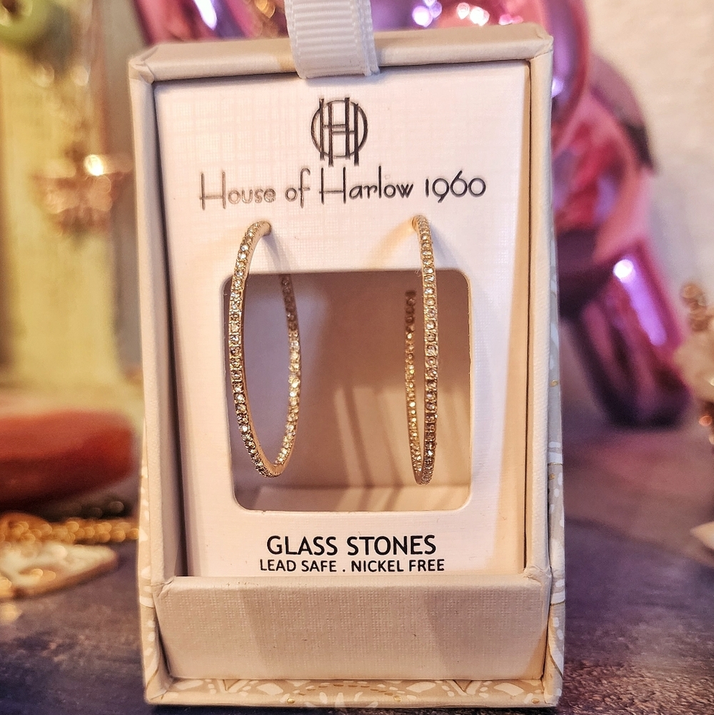 House of Harlow 1960 Gold Crystal Dainty Hoop Earrings